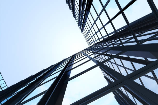 istock Low angle view of futuristic architecture, Skyscraper office building with cloud reflected on window, 3D rendering. 1322473146