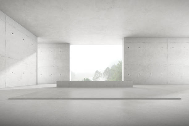 istock 3d render of empty concrete room with large window on nature background, Empty space for product presentation. 1322473157