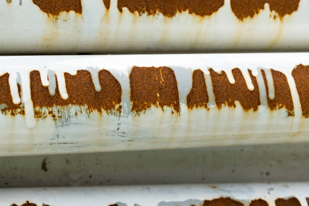 istock Metal pipes from old home boiler heating covered with white paint with brown rust, material close up 1322473200