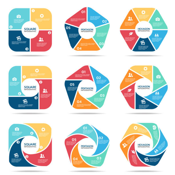 ilustraciones, imágenes clip art, dibujos animados e iconos de stock de infografía cuadrada del pentágono y el hexágono (parte cuatro, quinta parte y sexta parte) diseño de conjuntos vectoriales - octógono