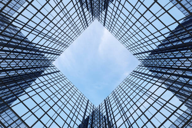 Low angle view of futuristic architecture, Skyscraper office building with cloud reflected on window, 3D rendering.