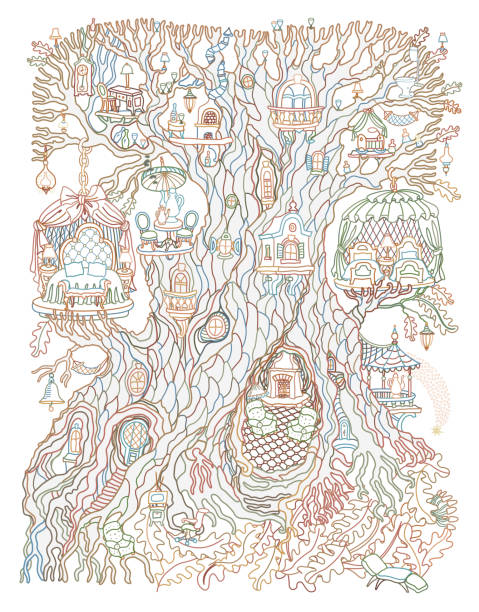 Vector hand drawn fantasy old tree with fairy tale house. Linear colorful contour sketch on a white background. Adults and children Coloring book page, quarantine isolation period concept