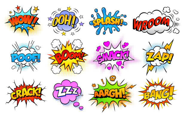 ilustrações, clipart, desenhos animados e ícones de conjunto colorido de ícone cômico no estilo pop art. uau, bang, pow, omg, boom, zap, legal, oh, como - zapping
