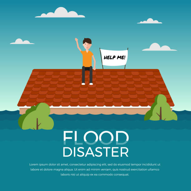 hochwasser-katastrophe mit menschen und helfen mir banner auf dem dach des hauses vektor-design - flood stock-grafiken, -clipart, -cartoons und -symbole