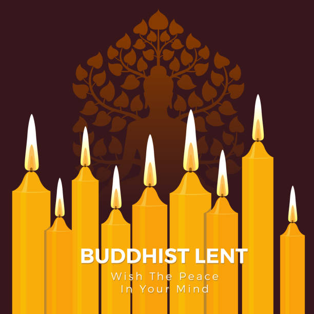 Buddhist lent day with the peace in your mind text on yellow candle light and Buddha sign vector background Buddhist lent day with the peace in your mind text on yellow candle light and Buddha sign vector background temple decor stock illustrations