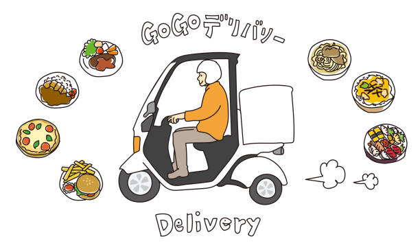 Illustration of delivery by home delivery motorcycle Illustration of delivery by home delivery motorcycle pizza place stock illustrations