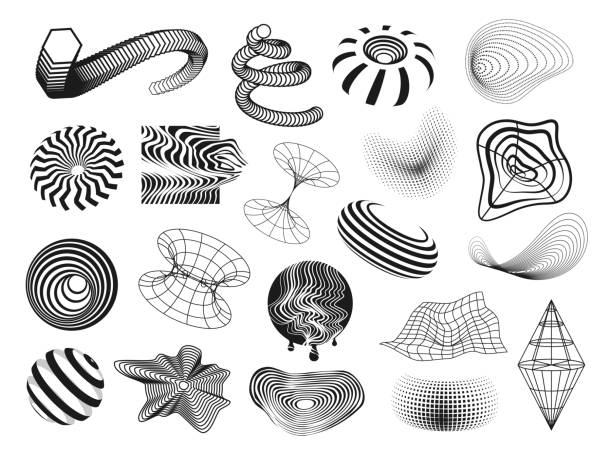 컬렉션 흑백 디지털 추상 적 모양 파형, 다이어그램, 둥근 기하학적 에너지 소용돌이 - fractal stock illustrations