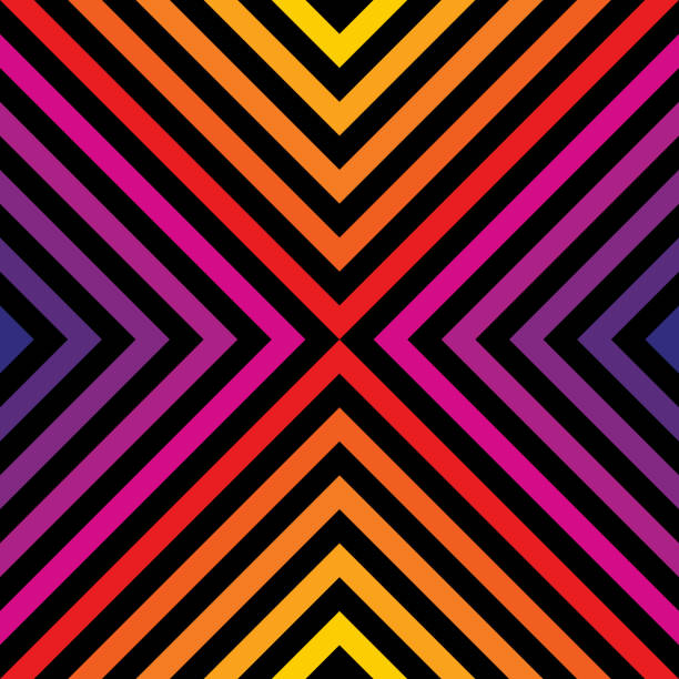 Vector rainbow stripes pattern. Seamless texture with diagonal lines, rhombuses Vector rainbow stripes pattern. Seamless texture with diagonal lines, rhombuses, chevron. Retro 80-90’s fashion style background in bright colors. Abstract repeat geometric ornament. Trendy design chevron stock illustrations