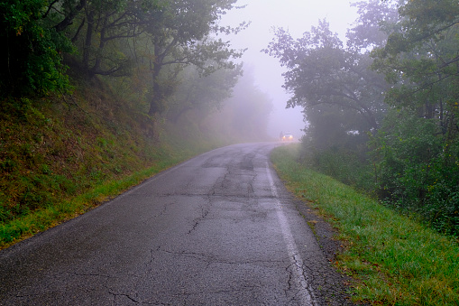 car in fog driving with lights on. Foggy road in the mountains across green forest, fog, cloudy sky