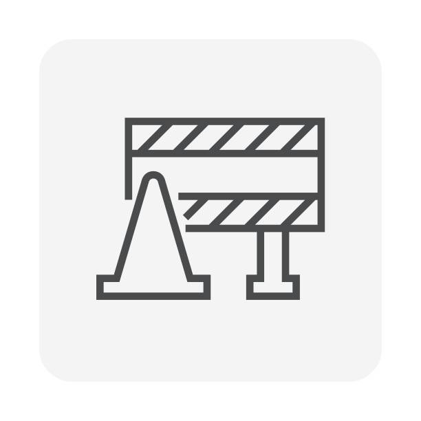 Traffic barricade and traffic cone or pylon vector icon design, editable line stroke. Traffic barricade and traffic cone or pylon vector icon design. That warning sign or caution to stop, control or block passage of traffic direction from excavation, repair, improvement or construction area, editable line stroke. construction barrier stock illustrations