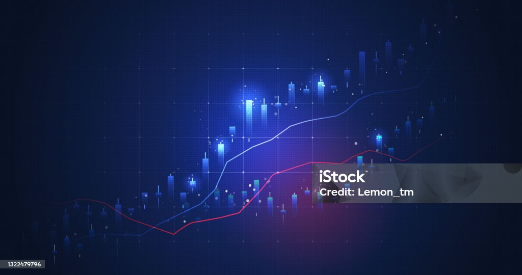 Glowing light market chart of business glowing stock graph or investment financial data profit on growth money diagram background with diagram exchange information. 3D rendering. Stock Market and Exchange Stock Photo