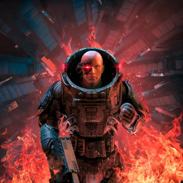 3D illustration of science fiction military robot warrior standing amid flames inside burning space ship