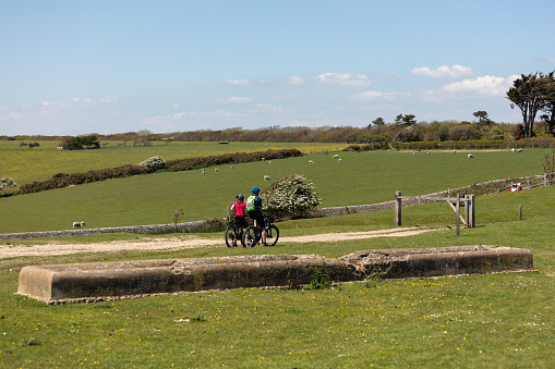 East Dean - May 31, 2021: Cycling around the Birling Gap in Eastbourne, UK