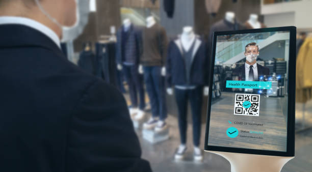 istock smart retail with robot healthy assistant concept, retail using robot to scan and personal data check with customer who got covid-19 vaccinate by using face recognition detection technology 1322481355