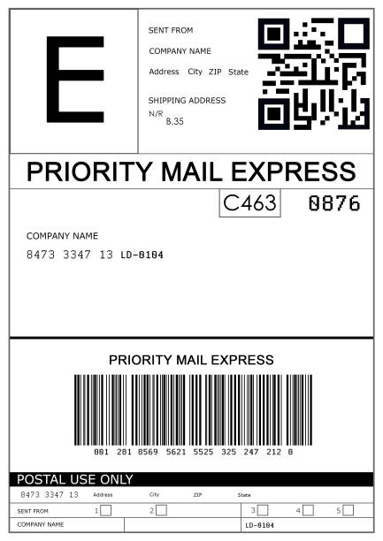 ilustrações de stock, clip art, desenhos animados e ícones de label with data and barcode, illustration. parcel delivery - export