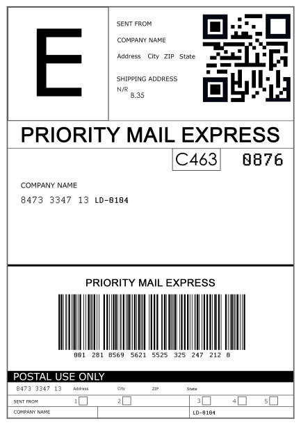 Label with data and barcode, illustration. Parcel delivery Label with data and barcode, illustration. Parcel delivery labels stock illustrations