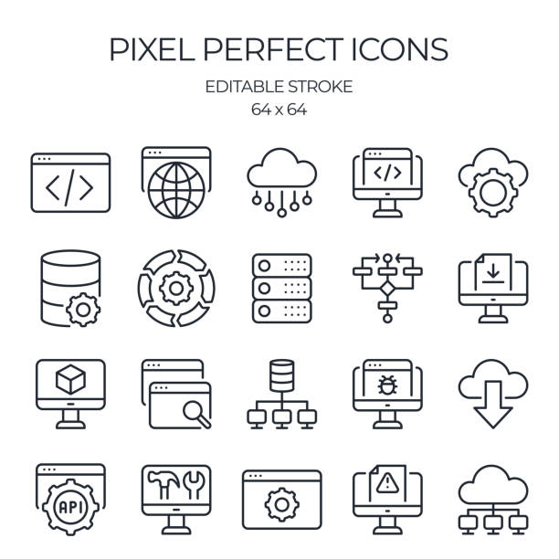 ilustrações, clipart, desenhos animados e ícones de ícones de contorno editáveis relacionados ao desenvolvimento de software definidos isolados na ilustração do vetor plano de fundo branco. pixel perfeito. 64 x 64. - network server technology computer computer network