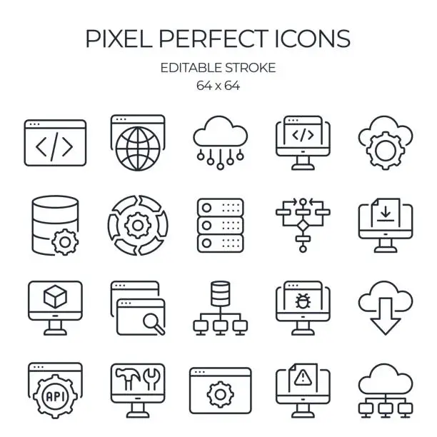 Vector illustration of Software development related editable stroke outline icons set isolated on white background flat vector illustration. Pixel perfect. 64 x 64.