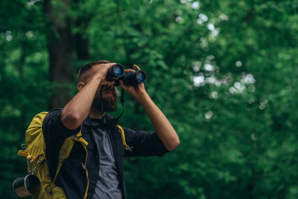 A hiker man walking in the forest using binoculars A hiker man walking in the forest using binoculars while looking for the bird that live in the nature searching binoculars stock pictures, royalty-free photos & images