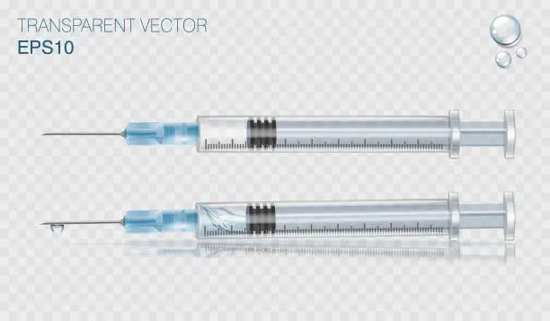 Vector illustration of Transparent vector medical syringe set. Illustration of medical syringes with needles and vaccine