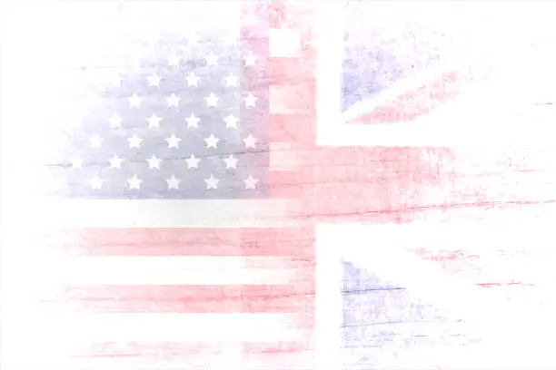 Vector illustration of A grunge effect horizontal vector illustration of faded USA(American)  and England  or the Great British flag Union Jack together blending into white backgrounds