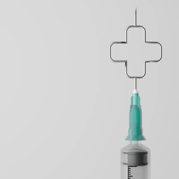 3D rendering Covid-19 vaccine syringe with Cross symbol, Society charity first aid, Vaccination Campaign for Herd immunity protection from pandemic concept design on grey background with copy space jeringa de vacuna contra el covid-19 de renderizado 3d con símbolo cruzado, primeros auxilios de caridad de la sociedad, campaña de vacunación para la protección de la inmunidad de rebaño contra el diseño del concepto de pandemia sobre fondo gris con