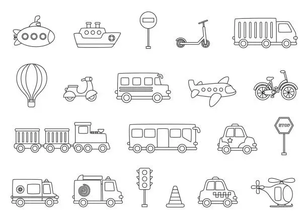 Vector illustration of Set of black and white transport. Vector illustrations.