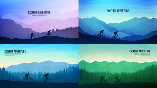 illustrazioni stock, clip art, cartoni animati e icone di tendenza di set di paesaggi vettoriali. concetto di viaggio di scoprire, esplorare e osservare la natura. escursionismo. turismo d'avventura. persone che guidano in mountain bike, salendo in cima. sfondo estremo in mountain bike - ambientazione esterna illustrazioni