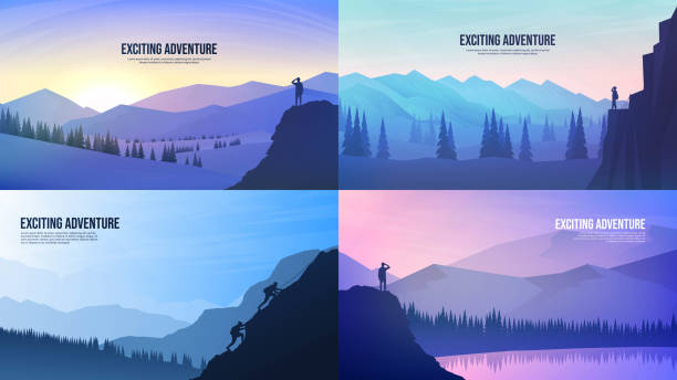ilustrações de stock, clip art, desenhos animados e ícones de vector landscapes set. travel concept of discovering, exploring and observing nature. hiking. adventure tourism. the guy watches nature, group of people climbing to cliff. sunset scene, clear sky - climbing clambering silhouette men
