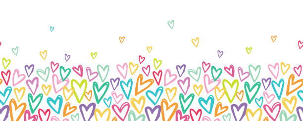 ilustrações de stock, clip art, desenhos animados e ícones de cute hand drawn hearts seamless pattern, colorful crayons doodle background, great for textiles, wrapping, banners, wallpapers - vector design - multi colored heart shape backgrounds repetition