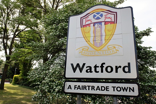 Watford, Hertfordshire, England, UK - June 8th 2021: Watford, a Fairtrade Town sign