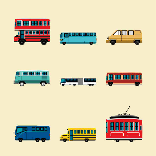 set of different transport set of different transport bus tram van small bus stock illustrations