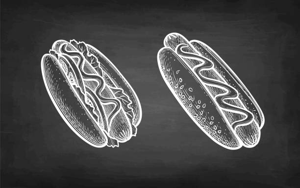 illustrations, cliparts, dessins animés et icônes de croquis à la craie de hot-dogs. - mustard mayonnaise condiment relish
