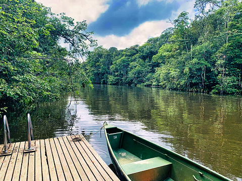 Roura, French Guiana - April 15, 2021. View of a river from the Amazon forest in the middle of the Amazon forest. in the foreground, a wooden boarding pontoon and part of a boat are visible. in the background, the river and the forest are visible.