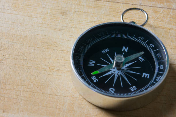 istock Close-up of magnetic compass on wooden table. 1322497115