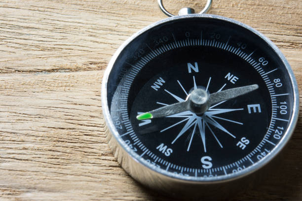 istock Close-up of magnetic compass on wooden table. 1322497193