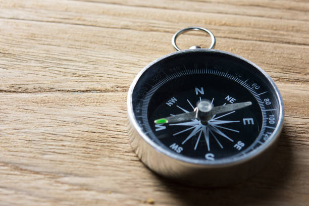 istock Close-up of magnetic compass on wooden table. 1322497203
