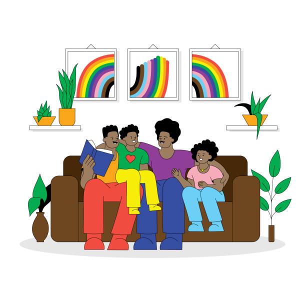 LGBTQIA family concept Gay parents and their children enjoying family time.
Editable vectors on layers. lgbtqcollection stock illustrations