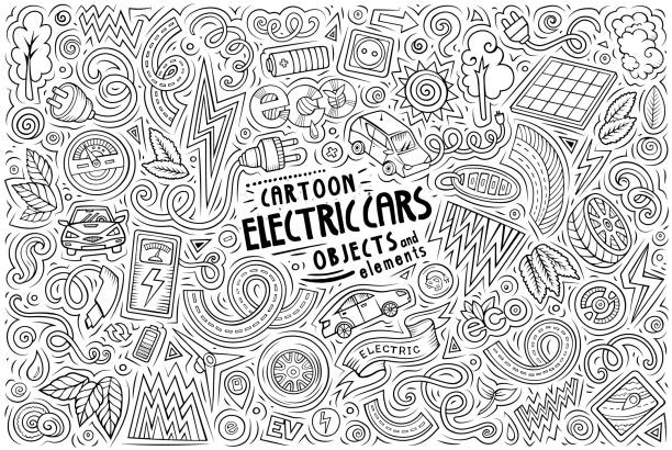 illustrations, cliparts, dessins animés et icônes de ensemble de dessins animés d’objets, d’objets et de symboles de thèmes de voitures électriques - groupe dobjets illustrations