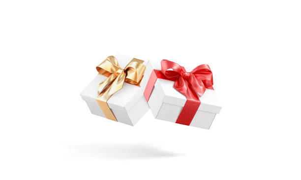 Blank white gift box with gold and red ribbon mockup Blank white gift box with gold and red ribbon mockup, no gravity, 3d rendering. Empty carton packaging for christmas idea mock up, isolated. Clear creative care package with band template. unusual basket stock pictures, royalty-free photos & images