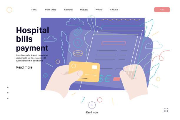 Medical insurance template - hospital bills payment Medical insurance web page template- hospital bills payment -modern flat vector concept digital illustration - patient signing a stack of invoices, holding a credit card, medical service metaphor hospital card stock illustrations