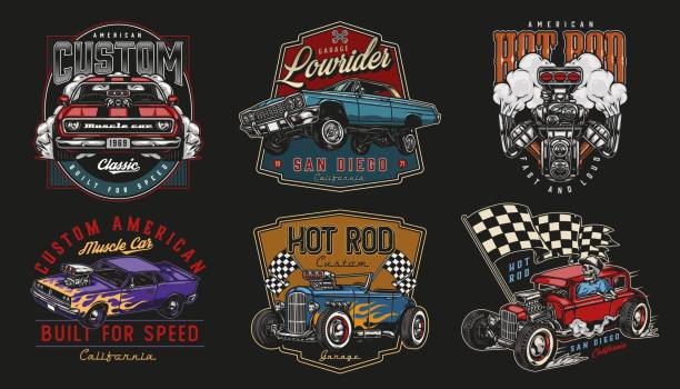 Custom cars vintage colorful prints Custom cars vintage colorful prints with letterings racing checkered flag turbo engine muscle and lowrider cars skeleton in baseball cap driving hot rod isolated. vector illustration hot rod car stock illustrations