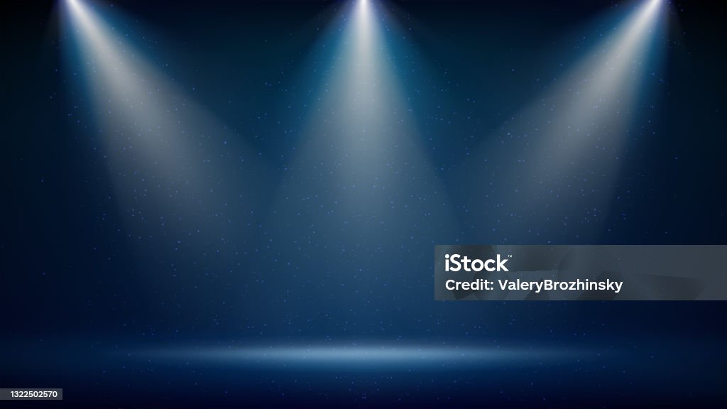 Spotlight backdrop. Illuminated blue stage. Background for displaying products. Bright beams of spotlights, shimmering glittering particles, a spot of light. Vector illustration Spot Lit stock vector
