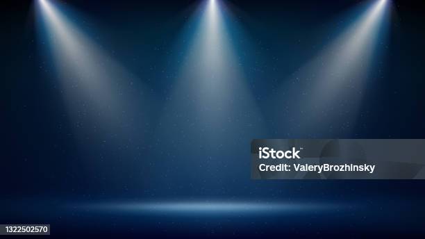 Spotlight Backdrop Illuminated Blue Stage Background For Displaying Products Bright Beams Of Spotlights Shimmering Glittering Particles A Spot Of Light Vector Illustration Stock Illustration - Download Image Now