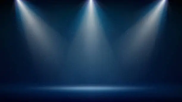 Vector illustration of Spotlight backdrop. Illuminated blue stage. Background for displaying products. Bright beams of spotlights, shimmering glittering particles, a spot of light. Vector illustration