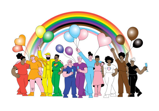 LGBTQIA Inclusive Progress Pride parade LGBTQIA Pride event. Group of people celebrating and supporting LGBTQIA rights.
Editable vectors on layers. This image includes gradients. gay pride people stock illustrations
