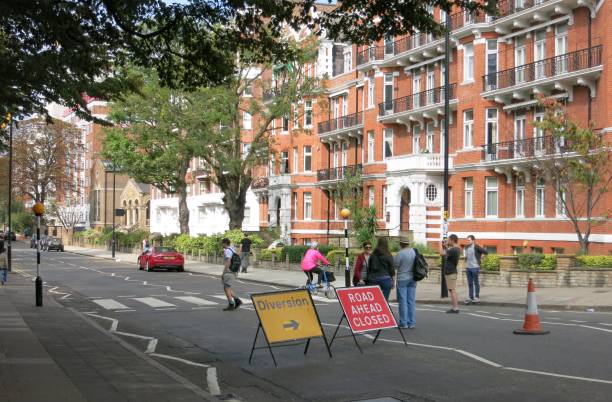 View of Beatles Abbey Road of London Abbey Road is very famous street as Beatles album Abbey Road where Apple music studio is still. album title stock pictures, royalty-free photos & images