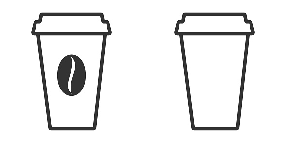 Cup of coffee vector icons, stamps set. Paper cup logo template. Takeaway concept. Illustration isolate on white background. Flat design.