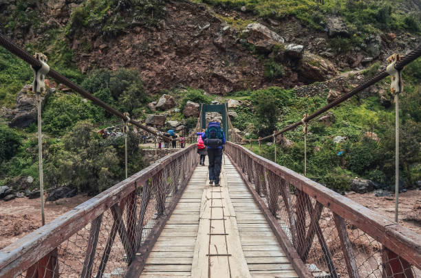 Backpacker crossing the bridge to start inca trail