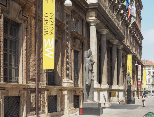 Turin, Italy - Circa July 2017: Museo Egizio (meaning Egyptian Museum) facade with replica statues of Goddess Sekhmet daughter of the sun